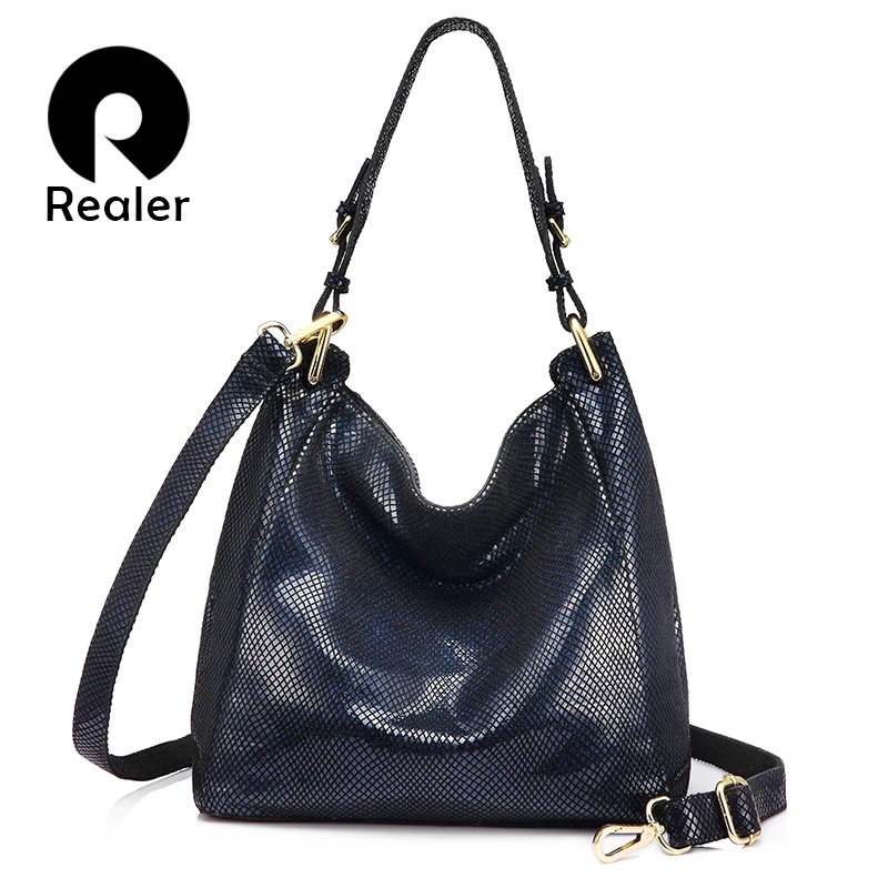 

REALER brand women genuine leather shoulder bag female handbag Hobos large capacity with serpentine prints new design
