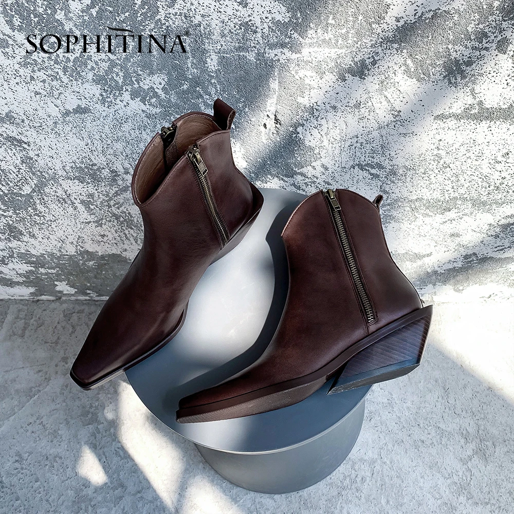 SOPHITINA/пикантные ботинки с квадратным носком модная обувь на танкетке без застежки из высококачественной коровьей кожи Лидер продаж, новые женские ботильоны, MO253