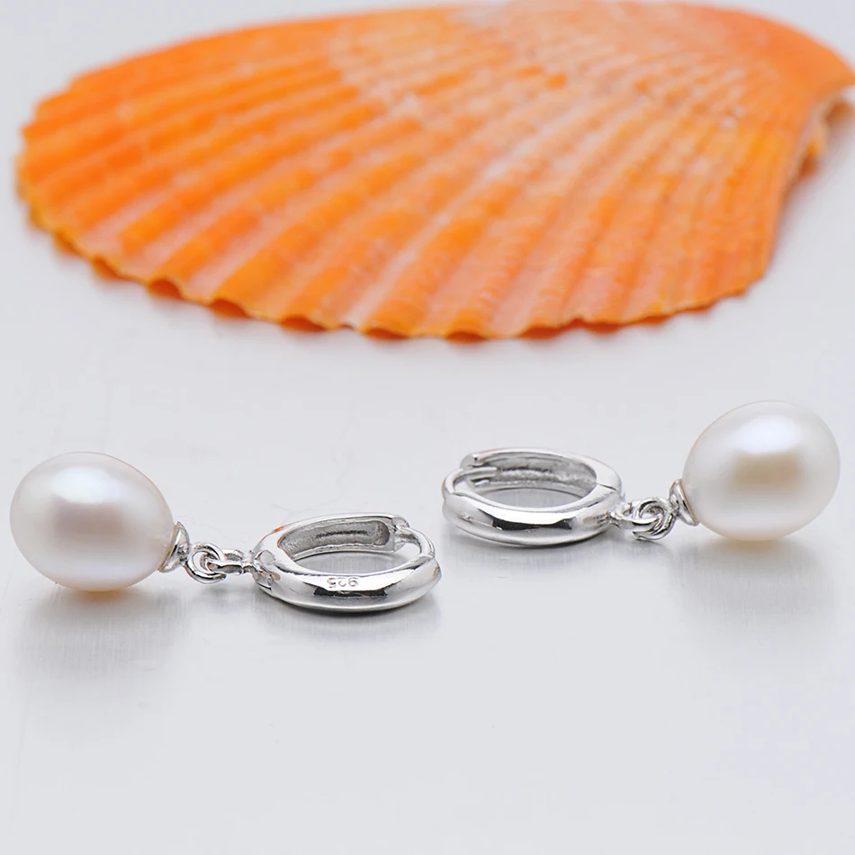 Классические серебряные серьги-кольца из настоящего 925 пробы для девушек, вечерние ювелирные изделия, подарки 8-9 мм, серьги с натуральным белым пресноводным жемчугом