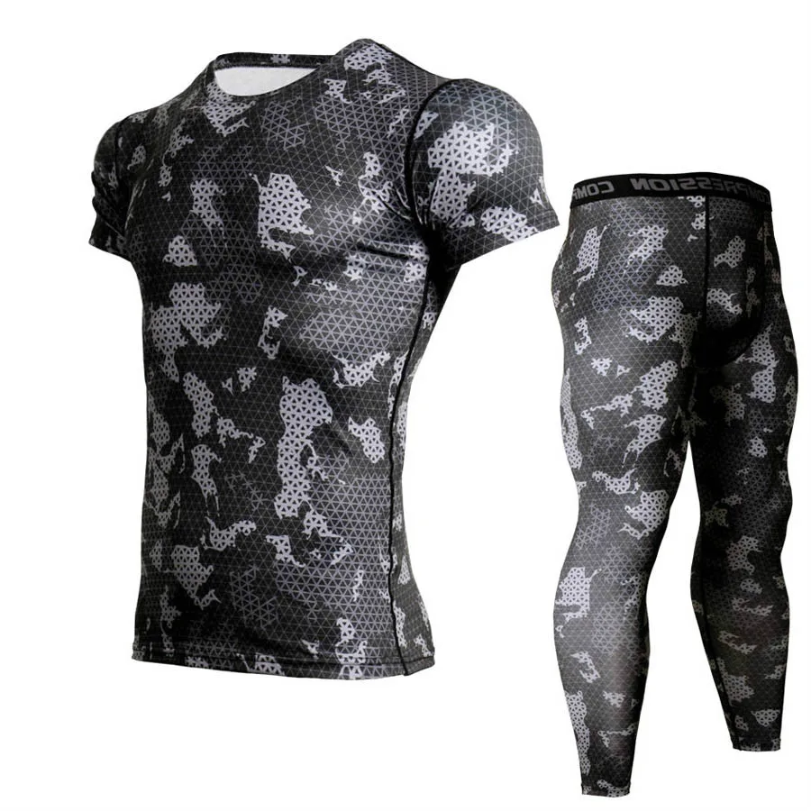 Камуфляж Для мужчин; костюмы для бега Crossfit спортивный костюм компрессионная одежда для бега комплект Для мужчин футболка с коротким