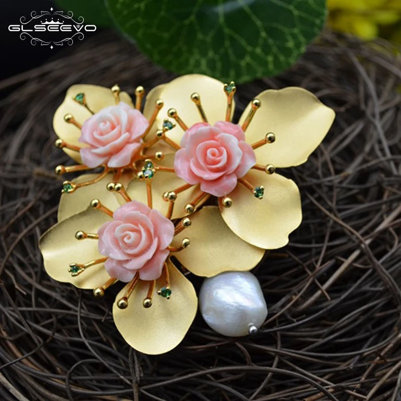 

GLSEEVO Natural Fresh Water Pearl Flower Brooch Pins And Brooches For Women Accessories Luxury Fine Jewellery Dual Use GO0097