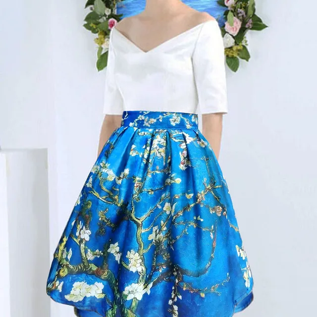 2017 Plus Size Spring and Autumn Van Gogh Starry Night Fashion kawaii harajuku Satin Pleated Sun Midi Skirts Women Plissee
