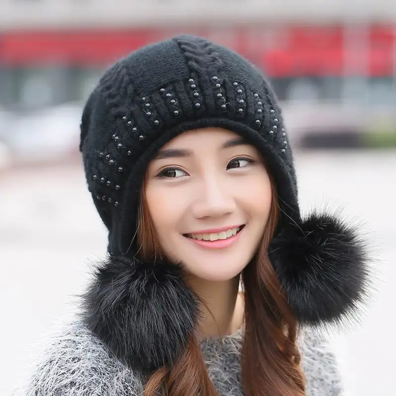 

GBCNYIER new style rabbit fur cap ear protection knit women's cap outdoor keep warm winter female hats