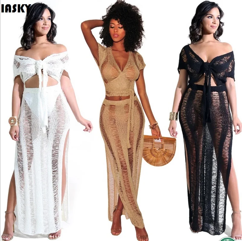IASKY 2 teile satz Sexy Crochet Strand Cover Up Aushöhlen Gestrickte Quaste Bademode Badeanzug Bademode Cover Ups Strand Kleid Preise