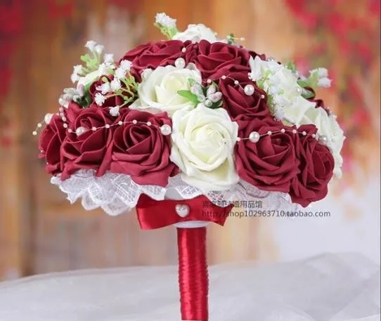 Бордовый и белый цветами ручной работы Декоративные искусственные цветы розы жемчуг невесты свадебные кружевные акценты Свадебные букеты