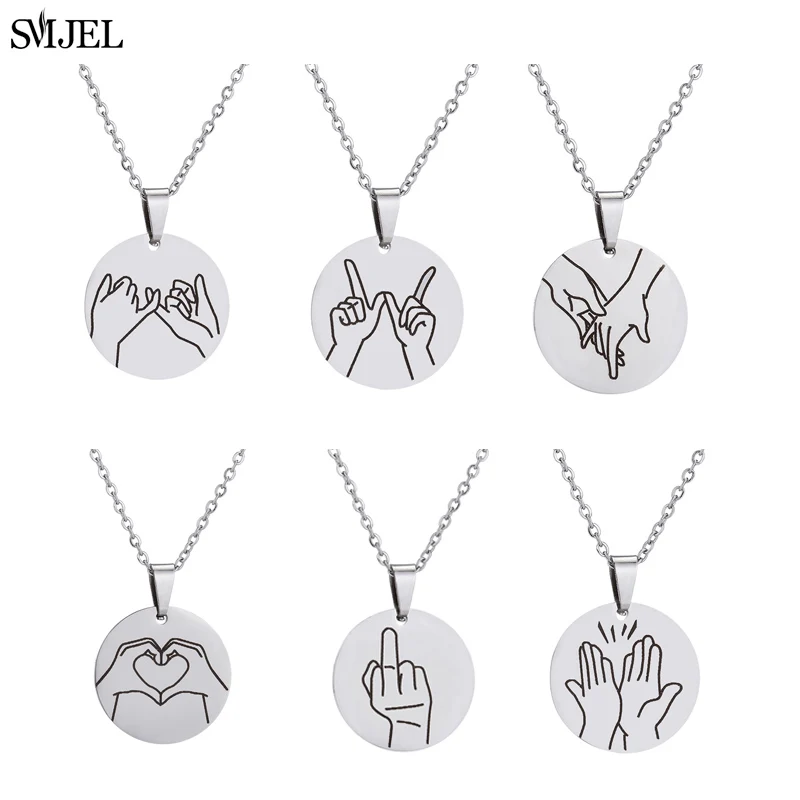 

SMJEL Stainless Steel Hand Charm Necklaces Women Men Gesture Swear Hand I Love You Pendant Necklace Round jewelry Couple Gift