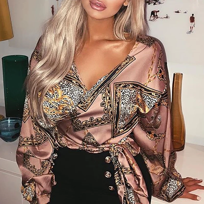 2018 Autumn Fashion Women Elegant V-Neck High Street Causal Party Shirt Vintage Female Tie Waist Bishop Sleeve Wrap Blouse