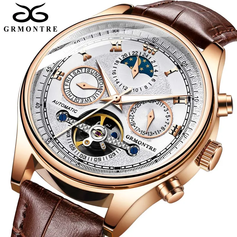 Механические Мужские часы с каркасом турбийоном, автоматические, классические, розовое золото, кожа, механические наручные часы, Reloj Hombre, роскошные - Цвет: G-8809 Rose White
