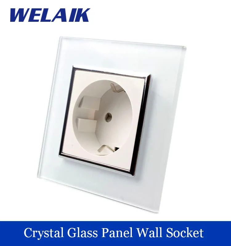 WELAIK EU Wall Socket European Standard Power socket Wall Outlet White Crystal Glass Panel AC 110