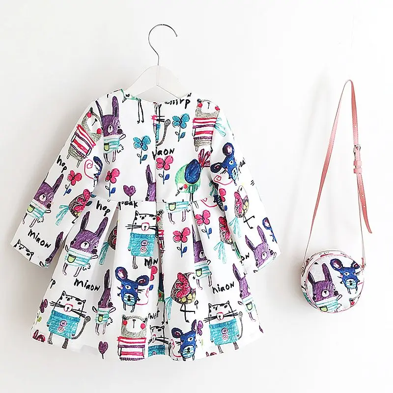 Long Sleeve Dress Girl Christmas Dress 2021 Autumn Winter Floral Print Toddler Girl Dresses Kids Clothes Children Dress with Bag cute baby dresses