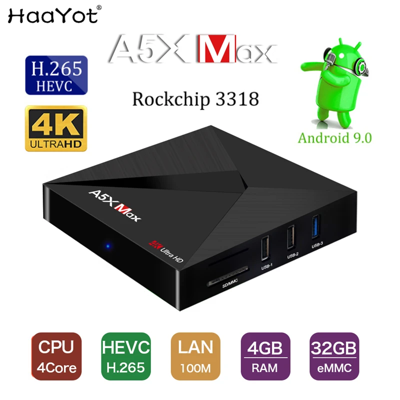 HAAYOT A5X MAX Smart TV Box Android 9.0 4GB 32GB Rockchip RK3318 BT4.1 4K Youtube Set-Top tvbox IPTV Media Player | Электроника