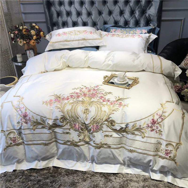 Flash Deal Champagne Blue White Luxury Royal Embroidery 100S Egyptian Cotton Palace Bedding Set Duvet Cover Bed sheet/Linen Pillowcases 59