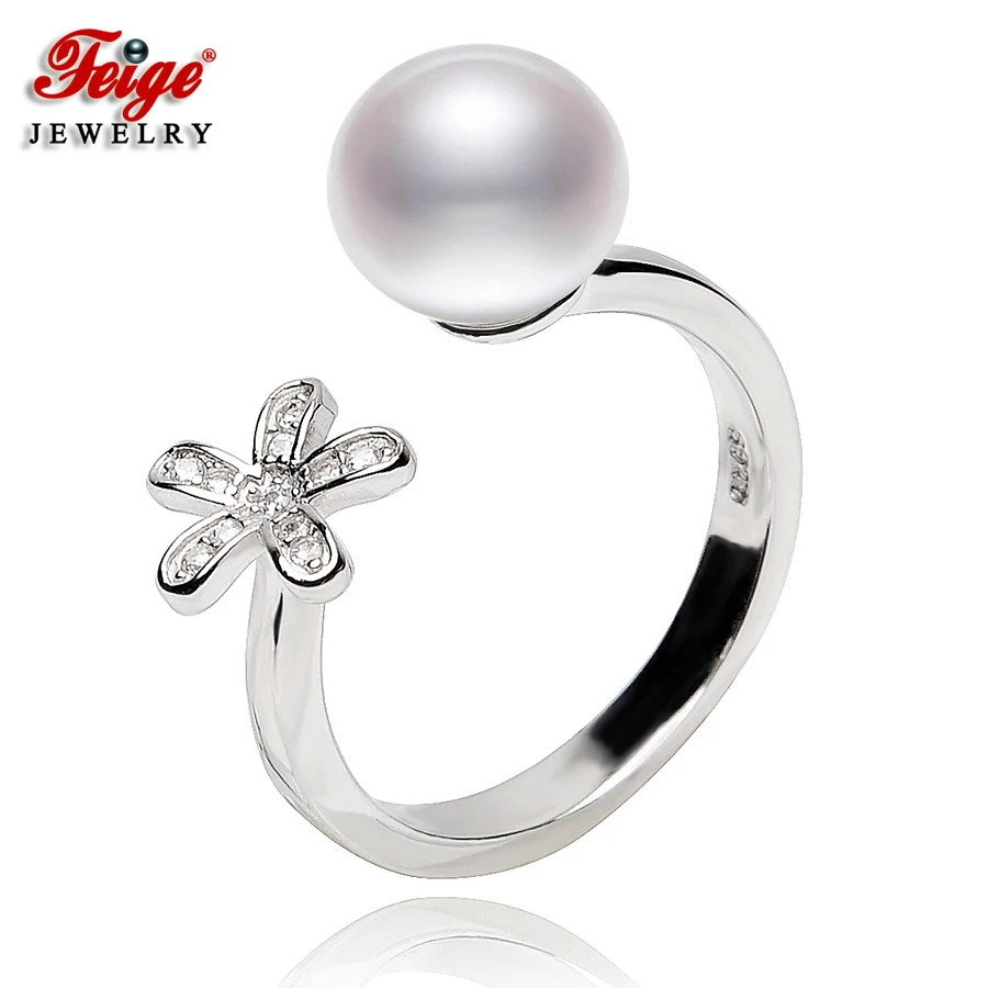 Feige Винтажный стиль Стерлинговое серебряное жемчужное кольцо для женщин подлинный 7-8 мм чёрный пресноводный жемчуг кольца ювелирные изделия из жемчуга