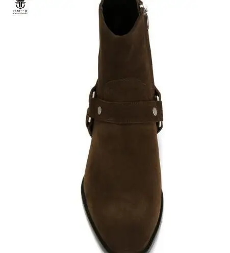 Hot FR.LANCELOT Brand Luxury Quality Darker Brown Suede Buckle Strappy Chelsea Boots Men Ankle Flats Boots