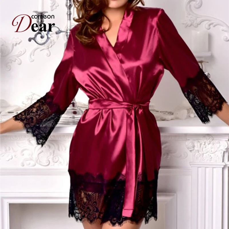 

Comeondear 2019 Newest Silk Robe Long Sleeves Lingerie Gowns Lace Patchwork Short Kimono Sexy Bride Robes Wedding RB80558