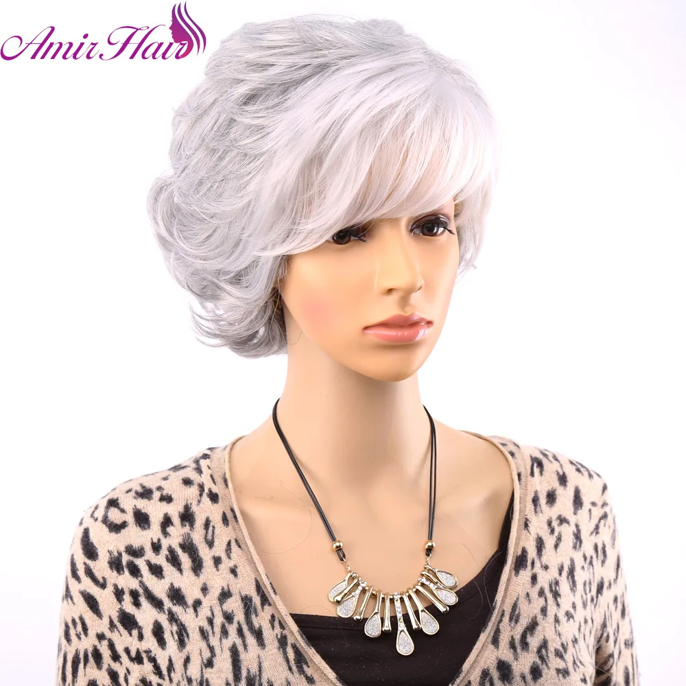 

Amir Hair Short Curly Wigs For Old Women White Gray Ombre Hair With Bangs Synthetic Hair full wig Cosplay