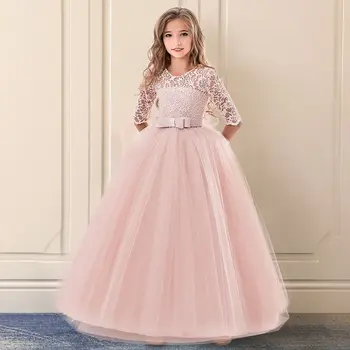 

Girls Wedding Tulle Lace Girl Dress Infantil Fancy Autumn Princess Events Costume Kids Party Ceremony Children Clothing Pink 14Y