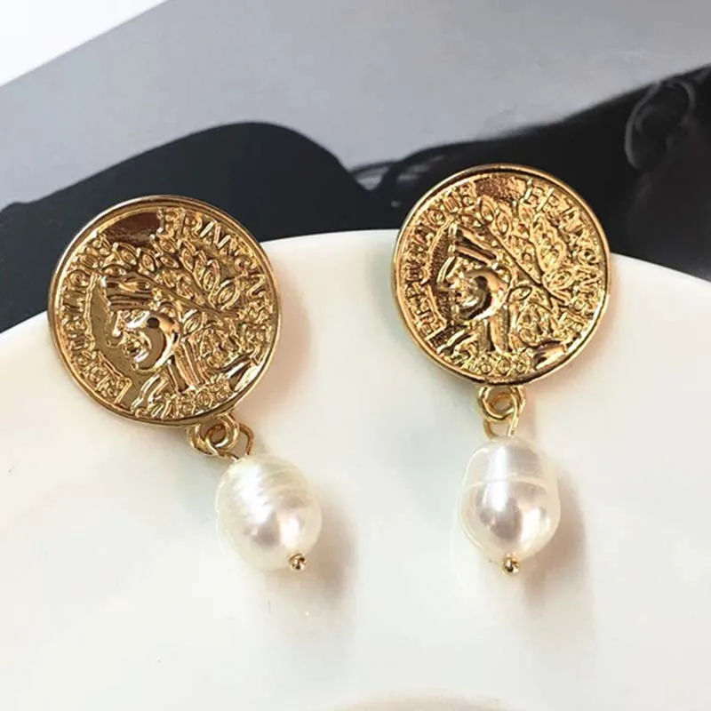

Vintage Gold Indian Head Portrait Coin with Pearl Drop Earrings for Women Charms Geometric Coins Disc Earrings Fashion Jewelry