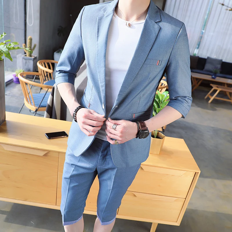 (Front + pants) 2018 spring new suit suit sleeves small West Slim casual two-piece summer five points sleeve men