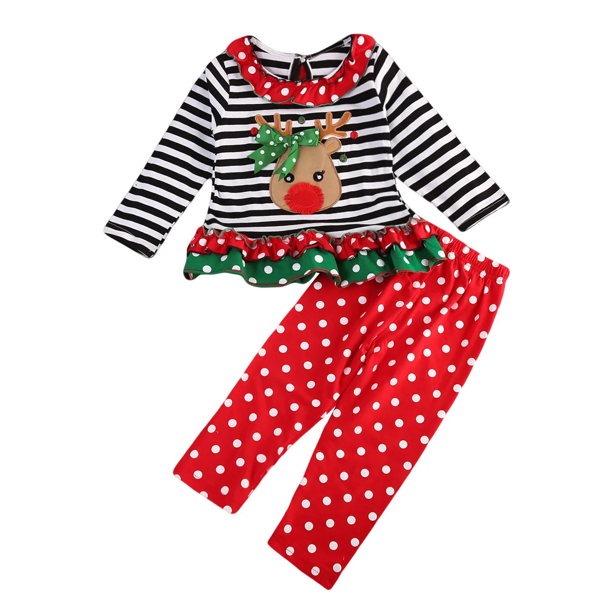 

2017 Christmas Newborn Baby Girls Clothes Set Kids Xmas Deer Long Sleeve T-shirt Tops Polka Dots Leggings Outfit Sets
