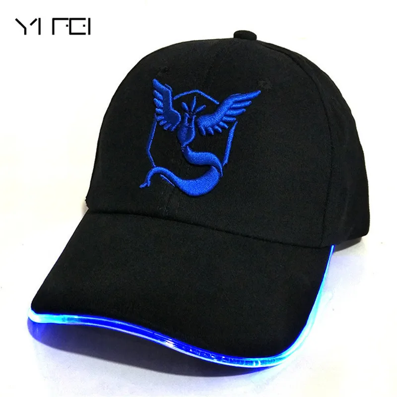 

YIFEI LED 100% Cotton Pocket Monster luminous hat for Women Mens Cartoon embroidered hip hop cap Pokemon GO Baseball Caps