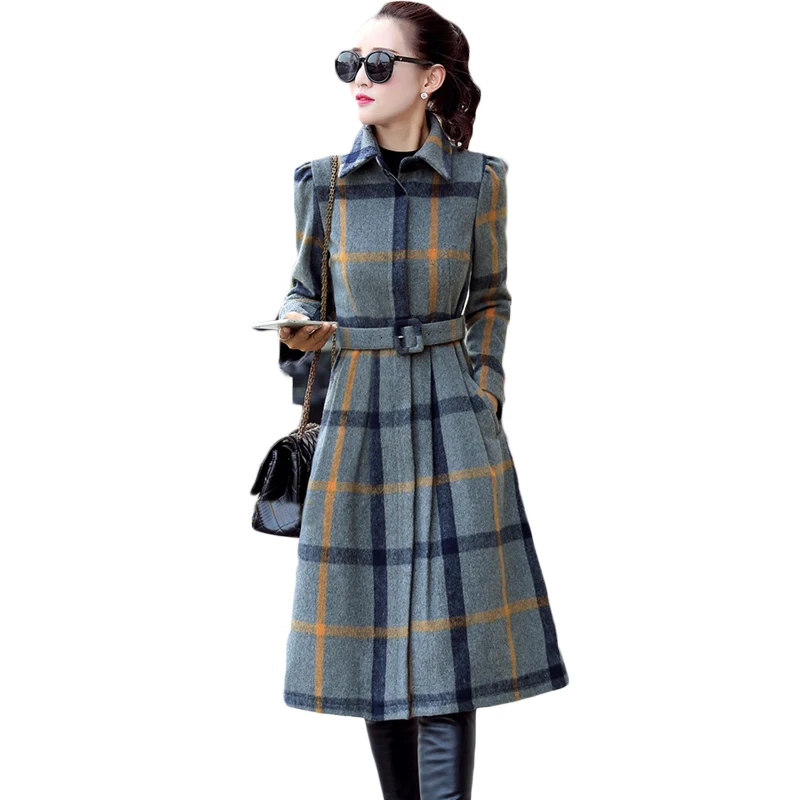 

Fashion Classic OL Style Fall Winter Plaid Belted Trench Coat Single-breasted Long Sleeve Overcoat for Women 3XL Plus Size XH942