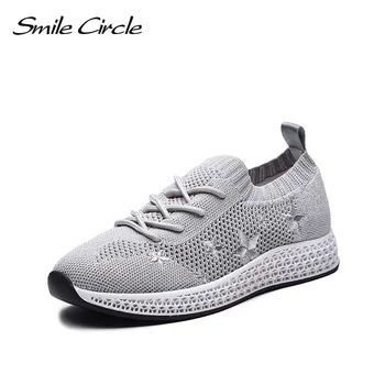 Smile Circle knit Slip-on Sneaker for women sock sneaker Fashion Embroidery Lightweight Breathable Outdoor Casual Shoes 2018 new