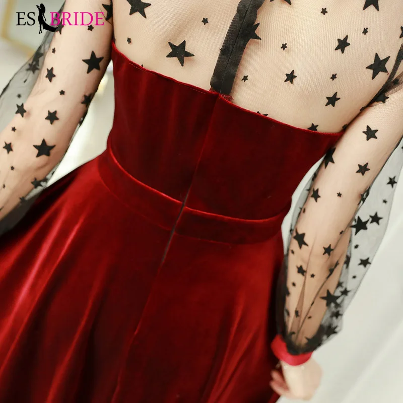 Small Demon Red Evening Dresses Sexy Tulle Long Sleeve Backless Evening Gown Black Star Evening Dress for Women Elegant ES1302