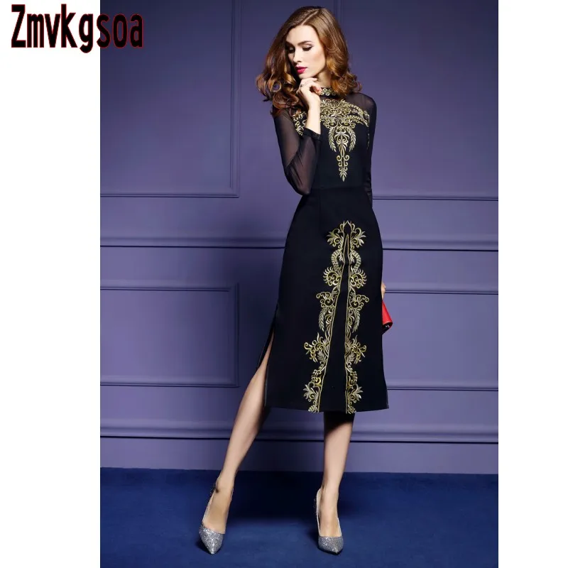 

Zmvkgsoa Ladies Embroidery Dresses Autumn Winter Elegant Mesh Vintage Retro Dress For Women Vestidos Women's Split Y015530