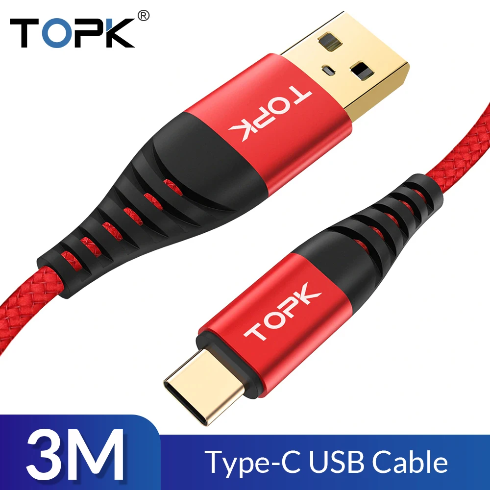 TOPK AN42 2 м 3 м usb type C кабель для мобильного телефона USB C кабель 3 А Быстрая зарядка 3,0 Быстрая зарядка USB-C кабель type C