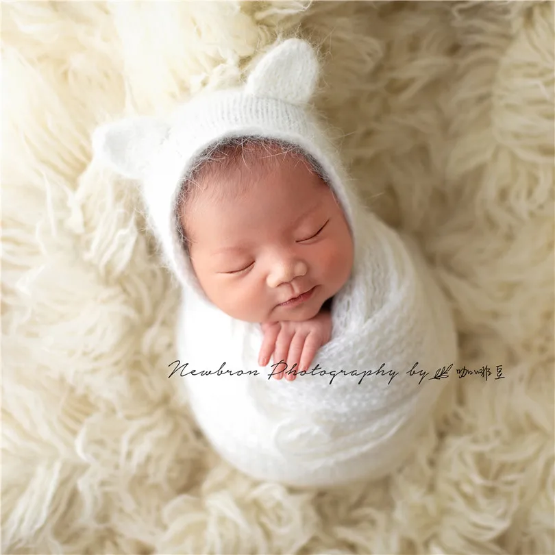 Brown Newborn Boy Angora Hat Wrap Set Bear Angora Bonnet Newborn Photography Props Knitted Teddy Bear Fluffy Baby Stretch Wrap 2