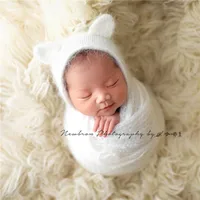 Brown Newborn Boy Angora Hat Wrap Set Bear Angora Bonnet Newborn Photography Props Knitted Teddy Bear Fluffy Baby Stretch Wrap 2