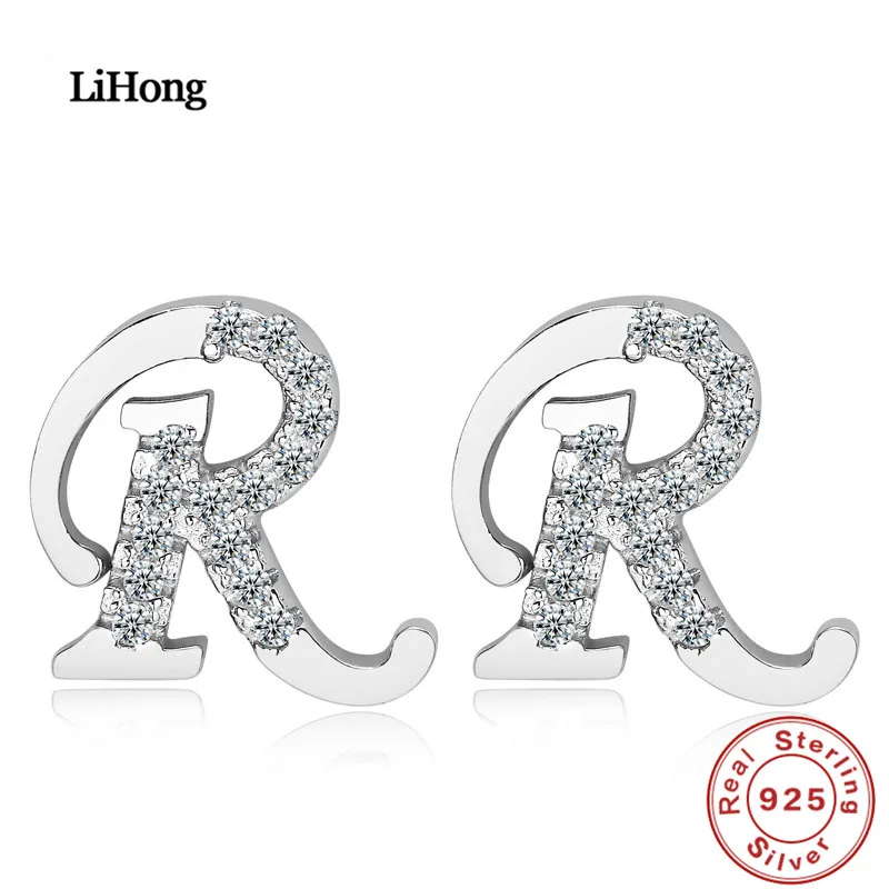 

New Design 100% 925 Sterling Silver Stud Earrings AAA Zircon Crystal Letter R Earrings Women Fashion Accessories Jewelry