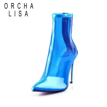 

ORCHA LISA Women Summer Clear Transparent PVC ankle Boots Pointed toe crystal heel Zipper Candy color Blue Green Big size 41