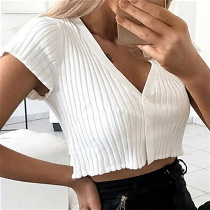 

Trendy Women clothes Button Summer Short Sleeve V-neck Tank Tops solid casual cotton slim vest one pieces
