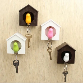 

Creative Double Bird Nest Keychain Sparrow House Ring Wall Hook Holders Keys Hanger Bird Whistle Storage Box Keyring For Keys