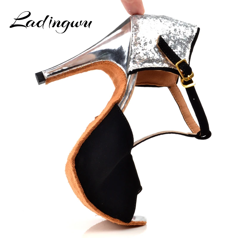  Ladingwu Dance Shoes Latin Women Black Flannel and Silver Glitter Ballroom Dance Shoes Salsa Woman 