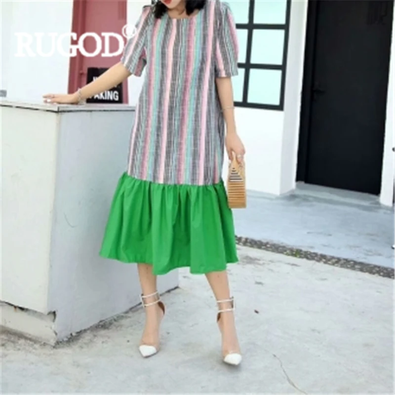 RUGOD Women patchwork striped dress o neck ruffles loose long dress new fashion female elegant chic mujer ladies korean robe - Цвет: Зеленый