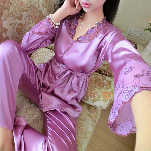 Летние женские кружевные шелковые пижамы с цветочным рисунком, комплекты из мягкого атласа, Топы+ штаны, одежда для сна, пижама, сорочка de nuit femme - Цвет: long sleeve purple