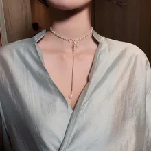 Милые Чокеры с искусственным жемчугом и бантом для женщин, летнее модное ювелирное изделие, короткое ожерелье на ключице, бижутерия для женщин