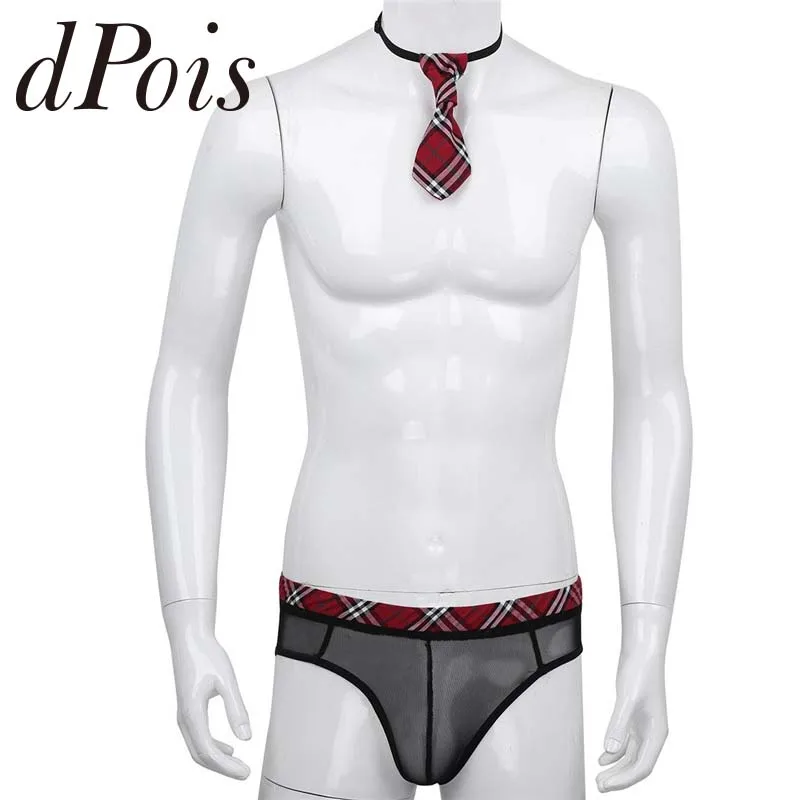 

Sissy Gay Mens Mesh See Through Sheer Lingerie Set Elastic Plaid Waistband Open Butt Jockstrap Briefs with Plaid Tie Men Panties