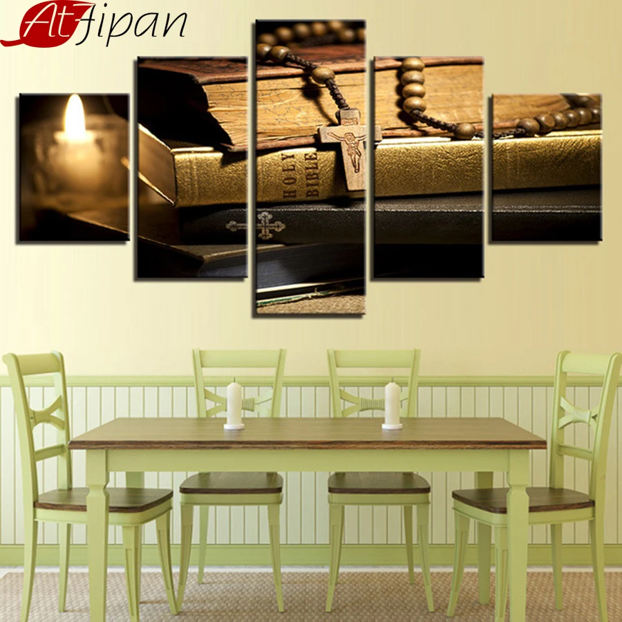

AtFipan Living Room Modern Decor Frame Modular Pictures Canvas 5 Pieces Candle Bible And Christ Cross Painting Wall Art Prints