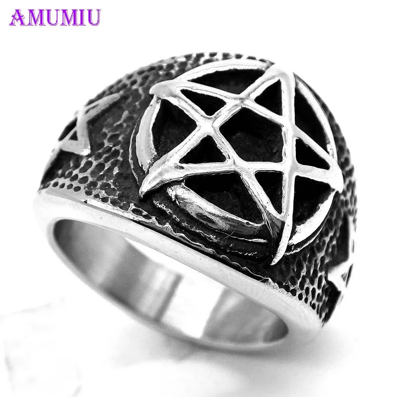 

AMUMIU stainless steel pentagram man finger ring Star Circle punk rock style personality cool street style Top Quality R017