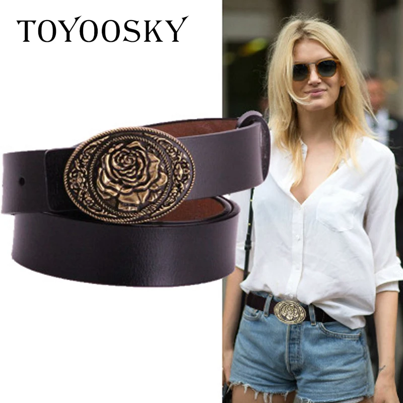 

Luxury Genuine Leather Women Belts for Jeans Carved Flower Brass Pin Buckle Wide Belts High Quality Belts for Female TOYOOSKY