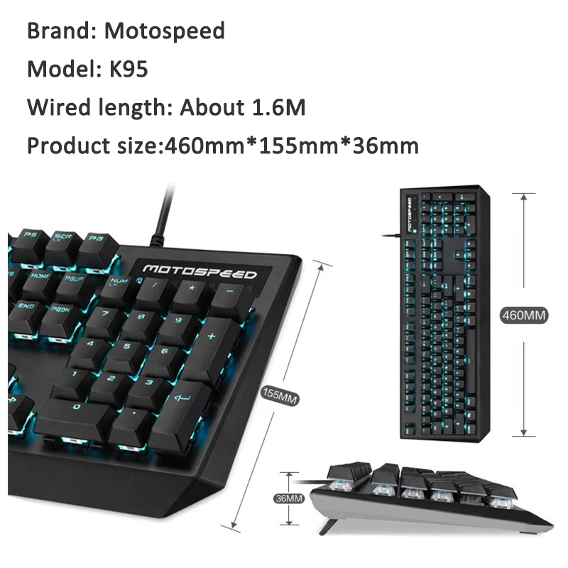 Motospeed K95 USB настоящая механическая клавиатура, проводная, 104 клавиш, синий переключатель, игровой, светодиодный, с подсветкой, один цвет, для настольного компьютера, геймера