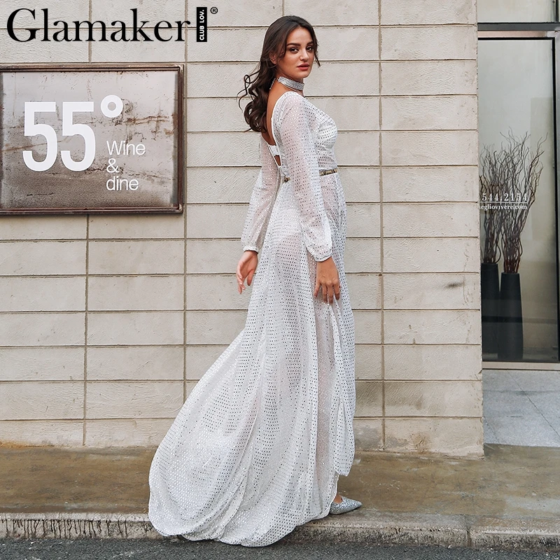 

Glamaker Sexy v neck transparent women summer dress vestidos Elegant mesh dot sequin long dress backless party dress female