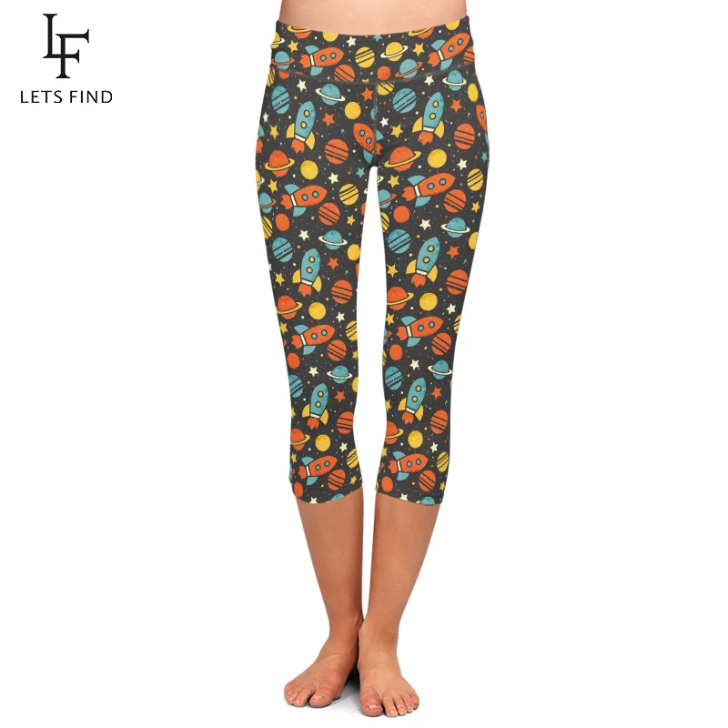 

Summer Pants Women Style 3/4 Mid-Calf Length Stretchy Leggings 3D Space Print High Waist Plus Size Fitness Capri Leggings