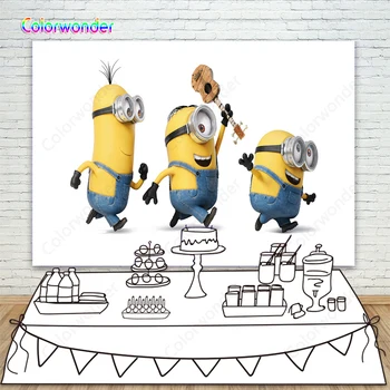 

Despicable Me Party Background Cute Three Yellow Minions Photo Backdrop For Children Kids Newborn Birthday Banner Photocall Boda