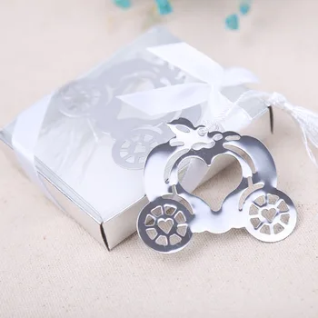 

free shipping 100pcs/lot new metal pumpkin carriage boorkmark in gift box favors for wedding showers birthday day party souvenir