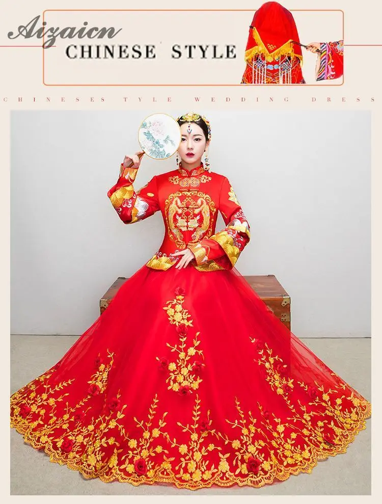 Красные Свадебные невесты Китайский традиционный Cheongsam длинное Ципао вышивка для женщин феникс вечернее платье Восточный стиль платья для